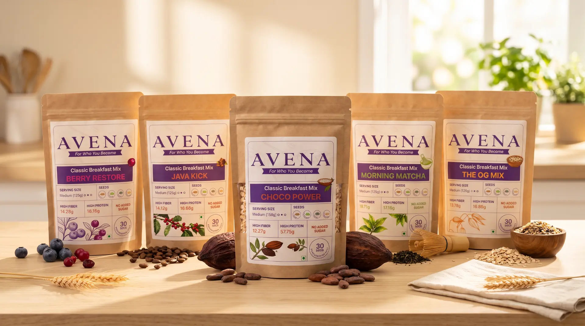 All five Avena overnight oats flavours laid out with real ingredients