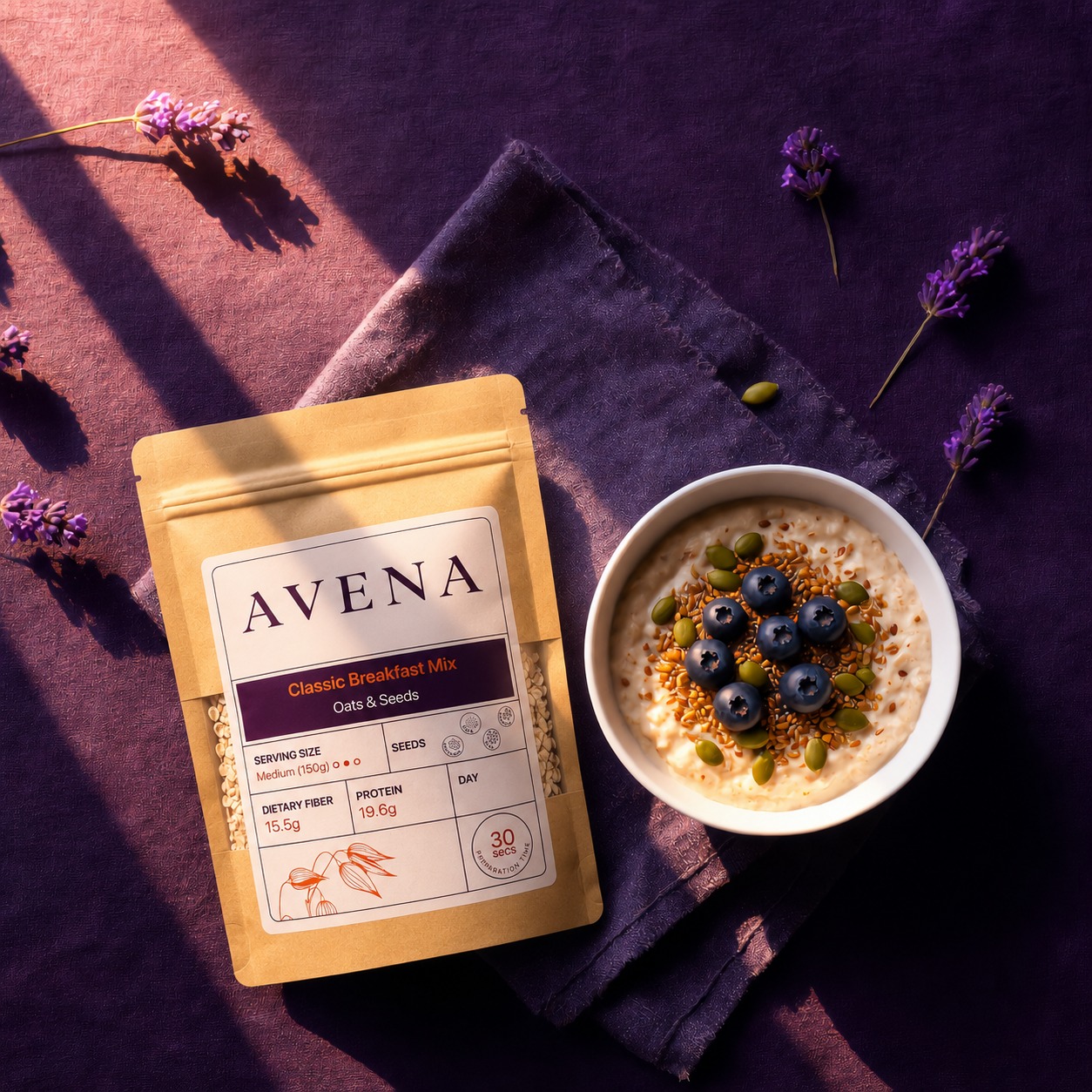 Avena high-protein oats and seeds breakfast mix — Classic Breakfast pouch with berries, made in Kolkata India